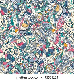 Tracery seamless calming pattern. Mehndi design. Ethnic colorful doodle texture. Curved doodling background. Vector.