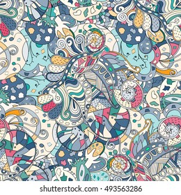 Tracery seamless calming pattern. Mehndi design. Ethnic colorful doodle texture. Curved doodling background. Vector.