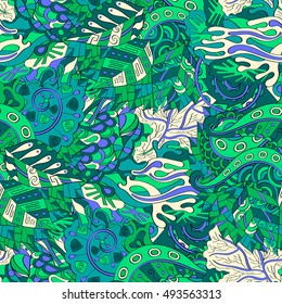 Tracery seamless calming pattern. Mehndi design. Ethnic colorful doodle texture. Curved doodling background. Vector.
