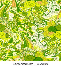 Tracery seamless calming pattern. Mehndi design. Ethnic colorful doodle texture. Curved doodling background. Vector.