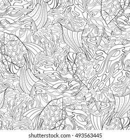 Tracery seamless calming pattern. Mehndi design. Ethnic monochrome binary doodle texture. Curved doodling black and white background. Vector.
