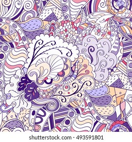 Tracery seamless calming pattern. Mehndi design. Ethnic colorful doodle texture. Curved doodling background. Vector.