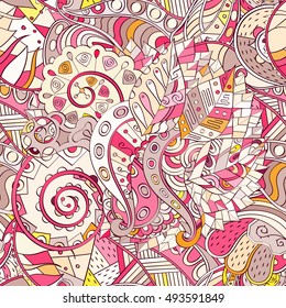 Tracery seamless calming pattern. Mehndi design. Ethnic colorful doodle texture. Curved doodling background. Vector.