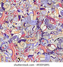 Tracery seamless calming pattern. Mehndi design. Ethnic colorful doodle texture. Curved doodling background. Vector.