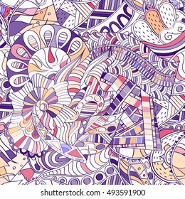 Tracery seamless calming pattern. Mehndi design. Ethnic colorful doodle texture. Curved doodling background. Vector.