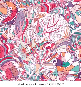 Tracery seamless calming pattern. Mehndi design. Ethnic colorful doodle texture. Curved doodling background. Vector.