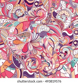 Tracery seamless calming pattern. Mehndi design. Ethnic colorful doodle texture. Curved doodling background. Vector.