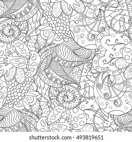 Tracery seamless calming pattern. Mehndi design. Ethnic monochrome binary doodle texture. Curved doodling black and white background. Vector.