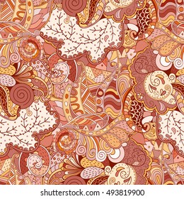 Tracery seamless calming pattern. Mehndi design. Ethnic colorful doodle texture. Curved doodling background. Vector.