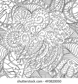 Tracery seamless calming pattern. Mehndi design. Ethnic monochrome binary doodle texture. Curved doodling black and white background. Vector.