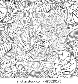 Tracery seamless calming pattern. Mehndi design. Ethnic monochrome binary doodle texture. Curved doodling black and white background. Vector.
