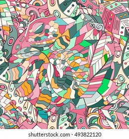 Tracery seamless calming pattern. Mehndi design. Ethnic colorful doodle texture. Curved doodling background. Vector.