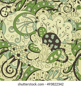 Tracery seamless calming pattern. Mehndi design. Ethnic colorful doodle texture. Curved doodling background. Vector.