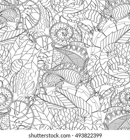 Tracery seamless calming pattern. Mehndi design. Ethnic monochrome binary doodle texture. Curved doodling black and white background. Vector.