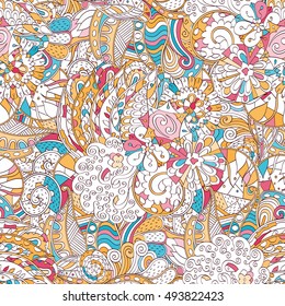 Tracery seamless calming pattern. Mehndi design. Ethnic colorful doodle texture. Curved doodling background. Vector.