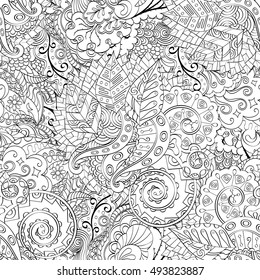 Tracery seamless calming pattern. Mehndi design. Ethnic monochrome binary doodle texture. Curved doodling black and white background. Vector.