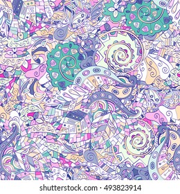 Tracery seamless calming pattern. Mehndi design. Ethnic colorful doodle texture. Curved doodling background. Vector.