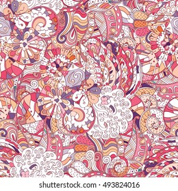 Tracery seamless calming pattern. Mehndi design. Ethnic colorful doodle texture. Curved doodling background. Vector.