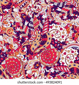 Tracery seamless calming pattern. Mehndi design. Ethnic colorful doodle texture. Curved doodling background. Vector.
