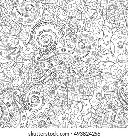 Tracery seamless calming pattern. Mehndi design. Ethnic monochrome binary doodle texture. Curved doodling black and white background. Vector.