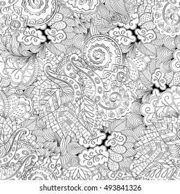 Tracery seamless calming pattern. Mehndi design. Ethnic monochrome binary doodle texture. Curved doodling black and white background. Vector.