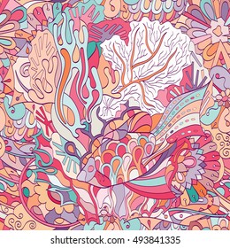 Tracery seamless calming pattern. Mehndi design. Ethnic colorful doodle texture. Curved doodling background. Vector.
