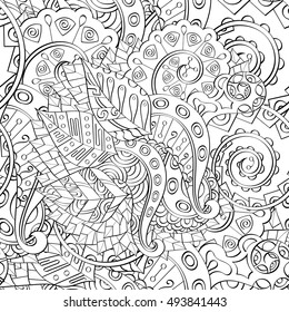 Tracery seamless calming pattern. Mehndi design. Ethnic monochrome binary doodle texture. Curved doodling black and white background. Vector.
