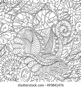 Tracery seamless calming pattern. Mehndi design. Ethnic monochrome binary doodle texture. Curved doodling black and white background. Vector.