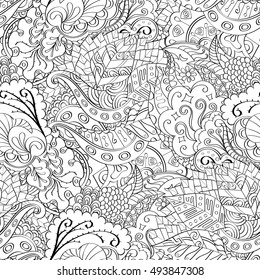 Tracery seamless calming pattern. Mehndi design. Ethnic monochrome binary doodle texture. Curved doodling black and white background. Vector.