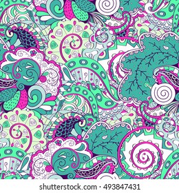Tracery seamless calming pattern. Mehndi design. Ethnic colorful doodle texture. Curved doodling background. Vector.