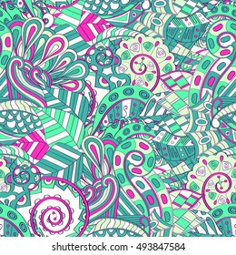 Tracery seamless calming pattern. Mehndi design. Ethnic colorful doodle texture. Curved doodling background. Vector.