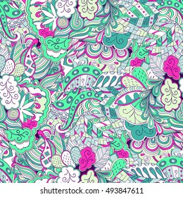 Tracery seamless calming pattern. Mehndi design. Ethnic colorful doodle texture. Curved doodling background. Vector.