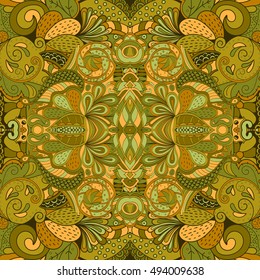 Tracery seamless calming pattern. Mehndi design. Ethnic colorful doodle texture. Curved doodling background. Vector.