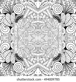 Tracery seamless calming pattern. Mehndi design. Ethnic monochrome binary doodle texture. Curved doodling black and white background. Vector.