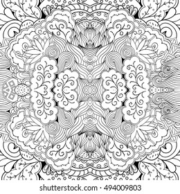 Tracery seamless calming pattern. Mehndi design. Ethnic monochrome binary doodle texture. Curved doodling black and white background. Vector.