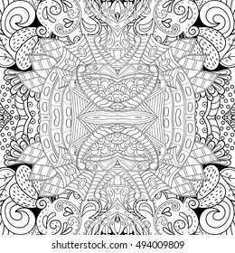 Tracery seamless calming pattern. Mehndi design. Ethnic monochrome binary doodle texture. Curved doodling black and white background. Vector.