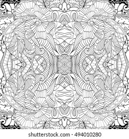Tracery seamless calming pattern. Mehndi design. Ethnic monochrome binary doodle texture. Curved doodling black and white background. Vector.