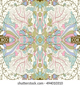 Tracery seamless calming pattern. Mehndi design. Ethnic colorful doodle texture. Curved doodling background. Vector.