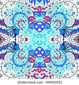 Tracery seamless calming pattern. Mehndi design. Ethnic colorful doodle texture. Curved doodling background. Vector.