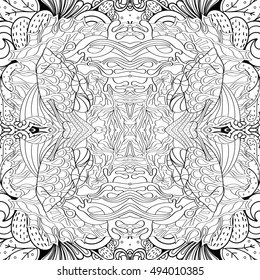 Tracery seamless calming pattern. Mehndi design. Ethnic monochrome binary doodle texture. Curved doodling black and white background. Vector.