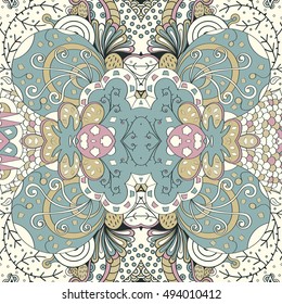 Tracery seamless calming pattern. Mehndi design. Ethnic colorful doodle texture. Curved doodling background. Vector.