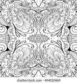Tracery seamless calming pattern. Mehndi design. Ethnic monochrome binary doodle texture. Curved doodling black and white background. Vector.
