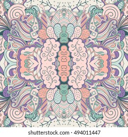 Tracery seamless calming pattern. Mehndi design. Ethnic colorful doodle texture. Curved doodling background. Vector.