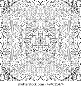 Tracery seamless calming pattern. Mehndi design. Ethnic monochrome binary doodle texture. Curved doodling black and white background. Vector.