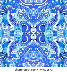 Tracery seamless calming pattern. Mehndi design. Ethnic colorful doodle texture. Curved doodling background. Vector.