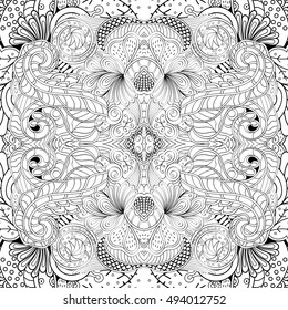 Tracery seamless calming pattern. Mehndi design. Ethnic monochrome binary doodle texture. Curved doodling black and white background. Vector.