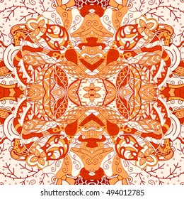 Tracery seamless calming pattern. Mehndi design. Ethnic colorful doodle texture. Curved doodling background. Vector.