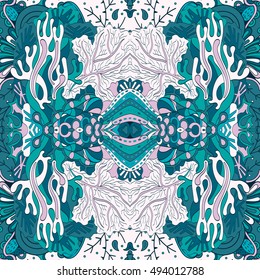 Tracery seamless calming pattern. Mehndi design. Ethnic colorful doodle texture. Curved doodling background. Vector.