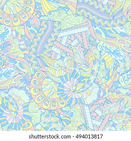 Tracery seamless calming pattern. Mehndi design. Ethnic colorful doodle texture. Curved doodling background. Vector.
