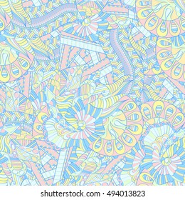 Tracery seamless calming pattern. Mehndi design. Ethnic colorful doodle texture. Curved doodling background. Vector.